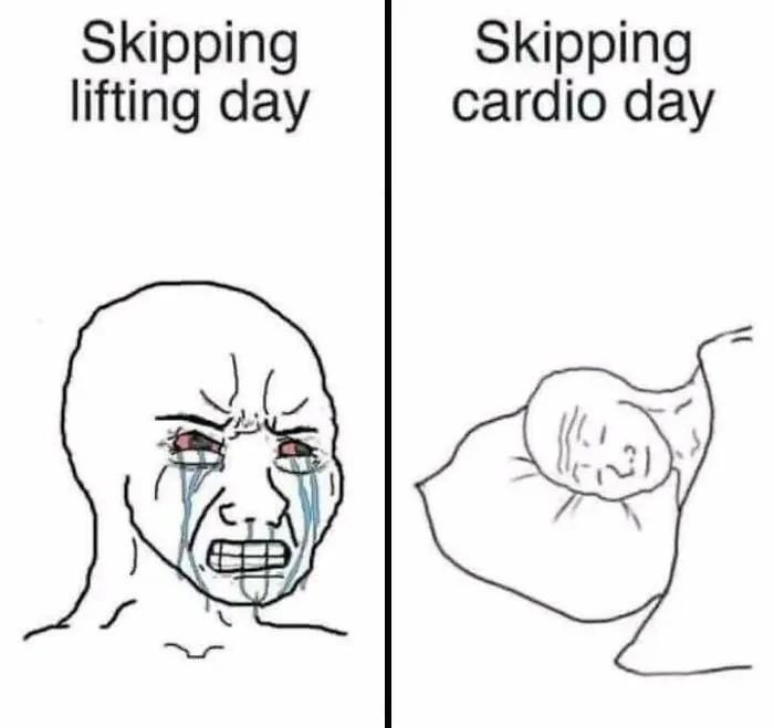 Gym meme showing emotional reaction to skipping lifting day versus skipping cardio day.