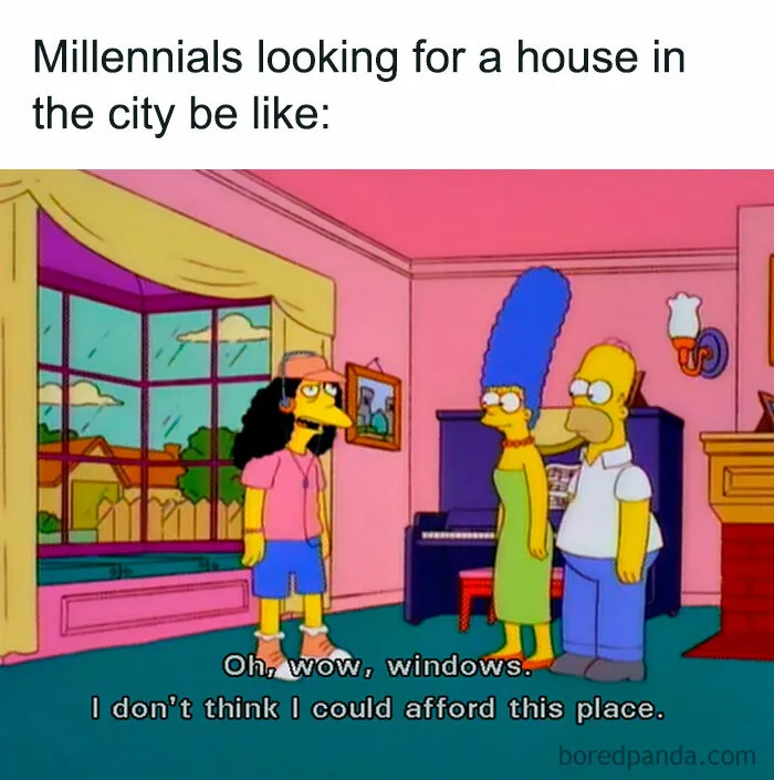 Simpsons characters in a colorful room joking about house affordability highlighting money issues.