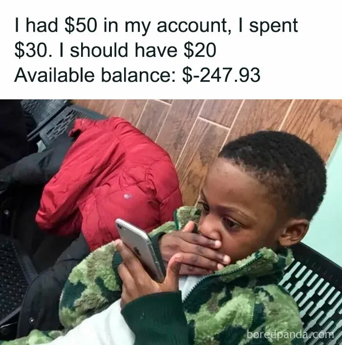 Child shocked at phone displaying humorous money meme.