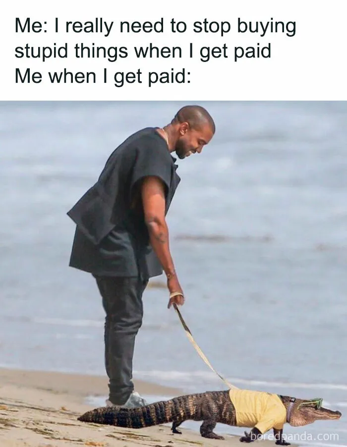 Man humorously walking an alligator on a beach, illustrating money-related meme.