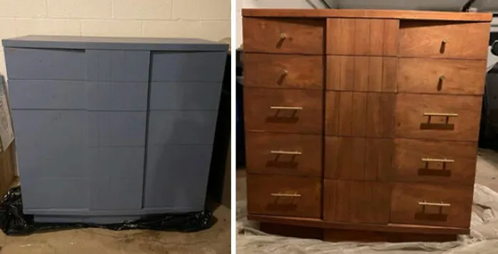 Lo vi en Goodwill a $30 y supe que se encontraba algo increíble debajo. Nunca había restaurado muebles antes, así que sé que no es perfecto, pero me encanta