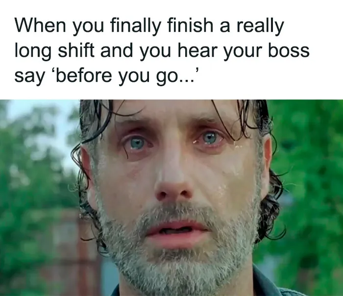 Man with tears, exhausted from a long shift, features in a meme about the struggles of working in retail.
