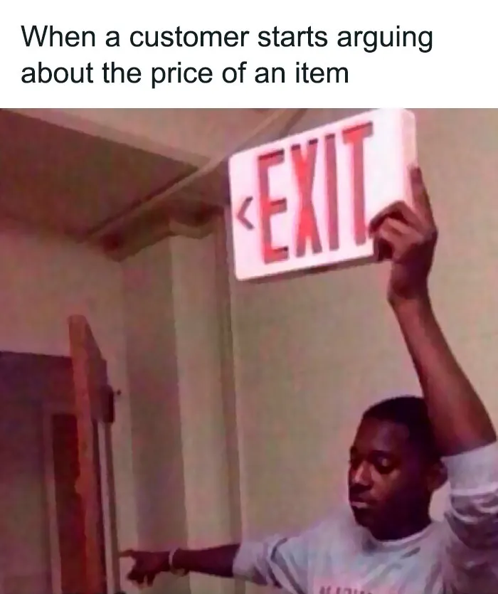 Man holding an exit sign, pointing towards the door with a caption about retail struggles.