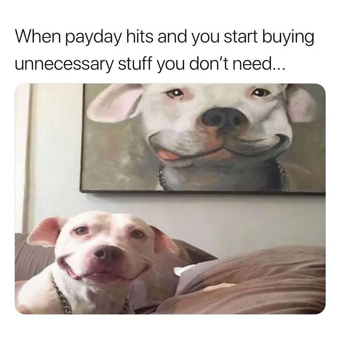 Dog smiling in front of a matching portrait, capturing retail struggle humor.