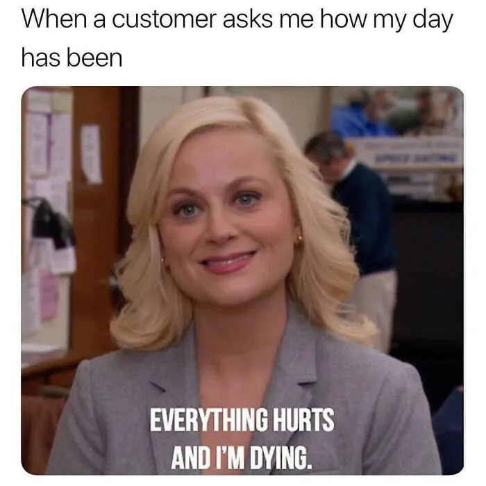 Blonde woman smiling awkwardly with text overlay about the struggle of working in retail.