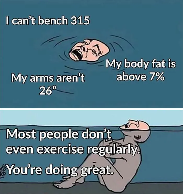 Two-part gym meme about self-doubt and encouragement, featuring typical gym rat humor.