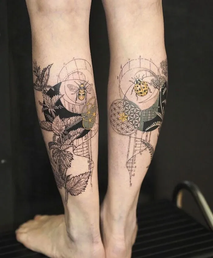 Nettle And Bee For The Left Calf, Yarrow And Ladybug For The Right