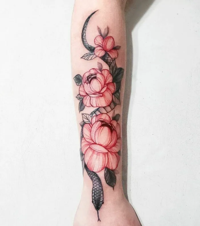 Red Peonies And Snake Tattoo For Casey