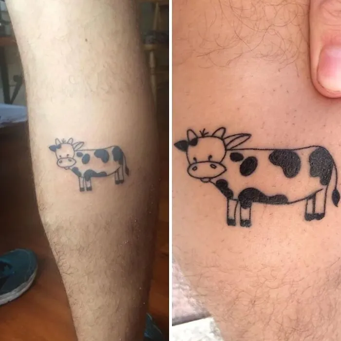 Cow tattoo on lower leg, showcasing simple black and white design.