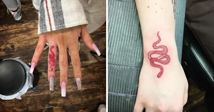 Red ink tattoos of a snake on a hand and forearm, showcasing intricate designs and vibrant color.