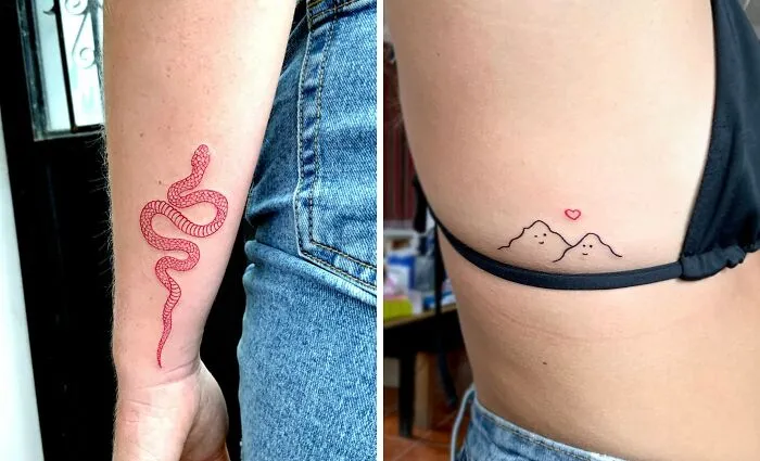 Red ink tattoo designs: one of a snake on an arm and a minimalist mountain scene with a heart on the side.