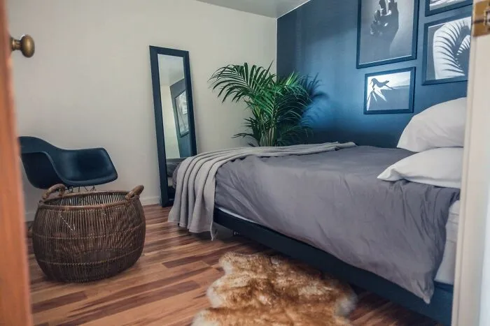 Cozy bedroom with modern home decoration, featuring a gray bed, potted plant, and stylish wall art.