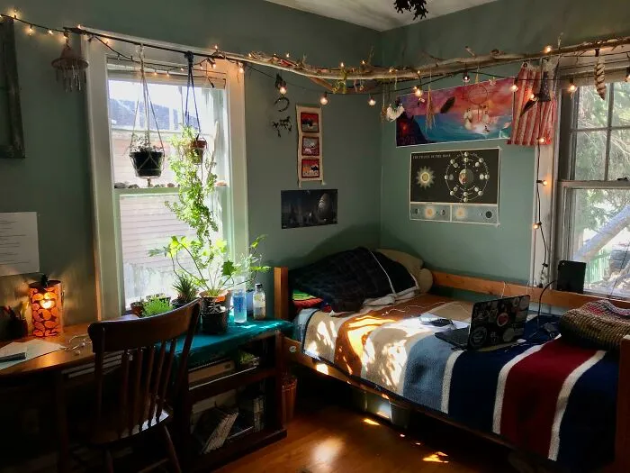 Cozy bedroom with string lights, plants, and wall art for home decoration ideas.