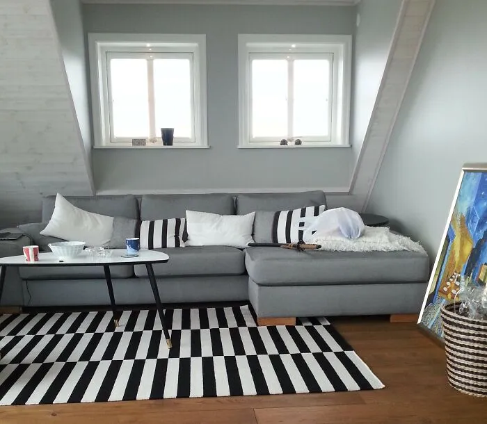 Stylish living room decor with a gray sofa, monochrome rug, and vibrant artwork for home decoration ideas.