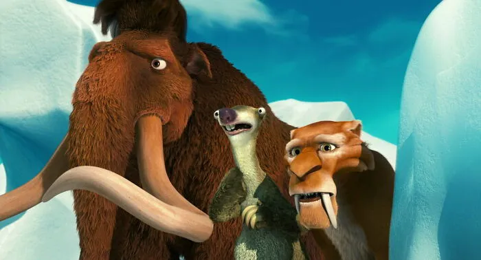 Iconic best friend duos with a mammoth, sloth, and saber-toothed tiger in an icy landscape from an animated movie.