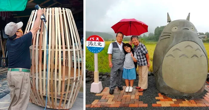 Mi abuelo hizo una estatua de Totoro para que la gente no se sienta sola en la parada del autobús 