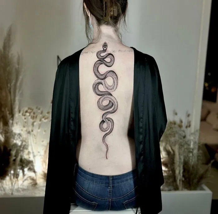 Elegant spine tattoo design featuring a detailed snake, perfect for men and women seeking unique body art.