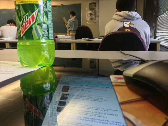 Funny mirror reflection in a classroom 