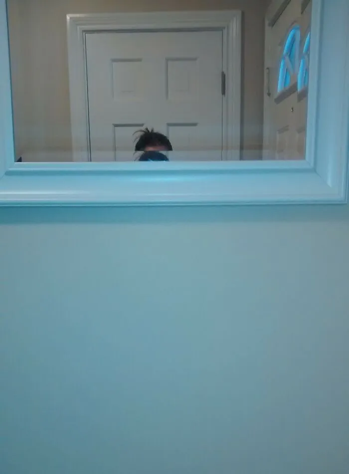 Small person taking a picture in front of a tall mirror 