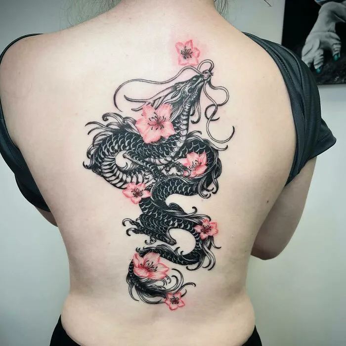 Dragon And Blossom Spine Tattoo