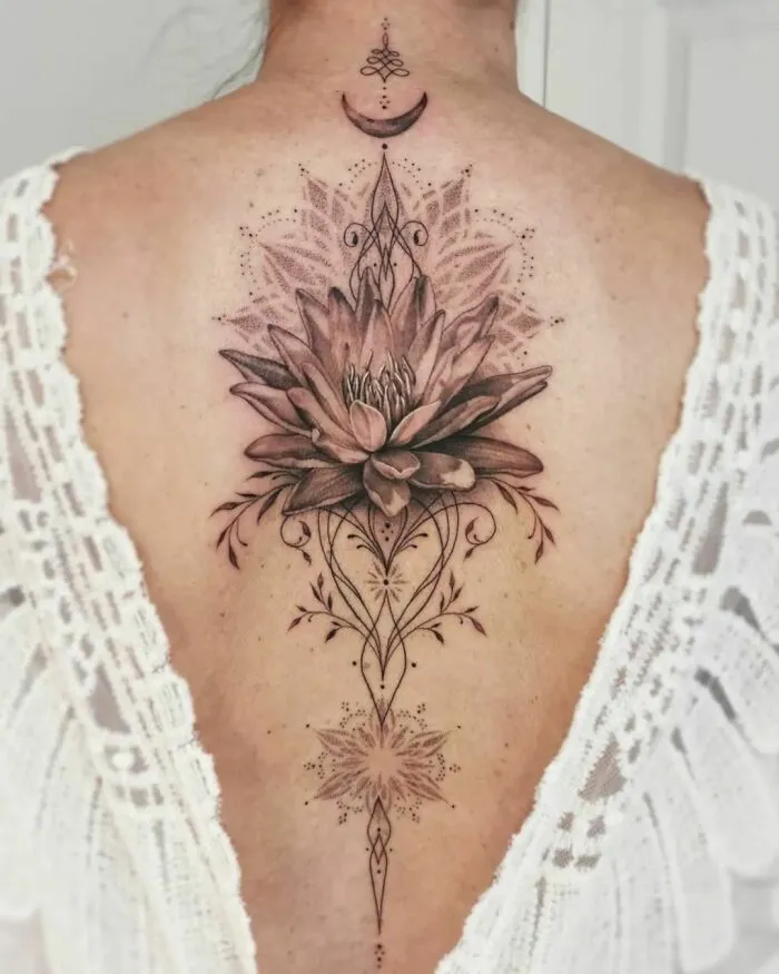 Flower And Mandala Spine Tattoo