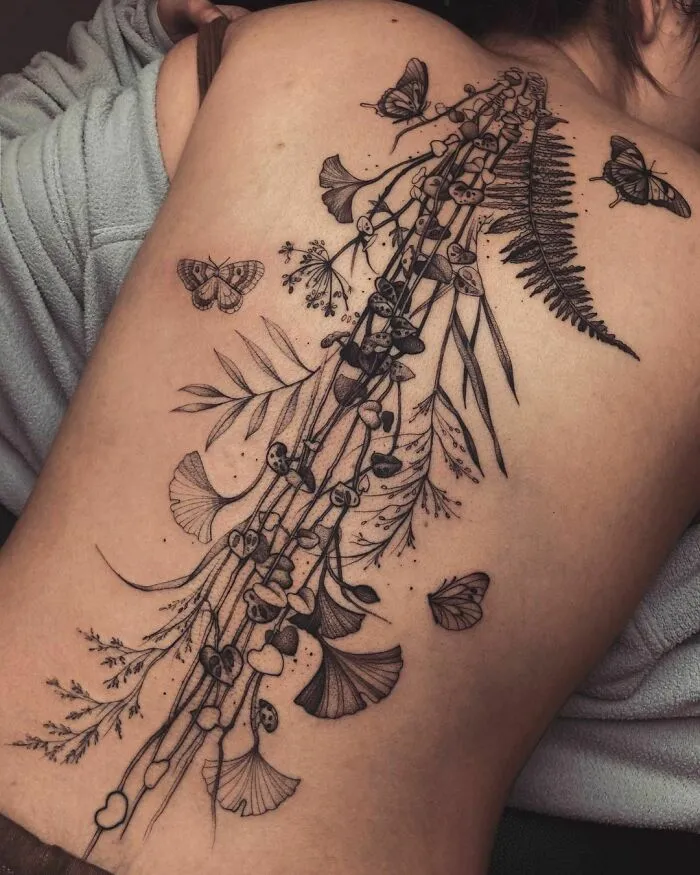 Botanical Inspired Spine Piece With Butterflies