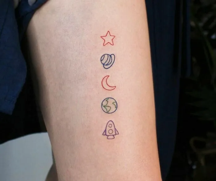 Minimalist space tattoos with star, planet, moon, Earth, and rocket designs, perfect for astrology fans.