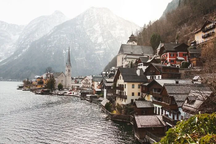 Snowy mountain and the small buildings 