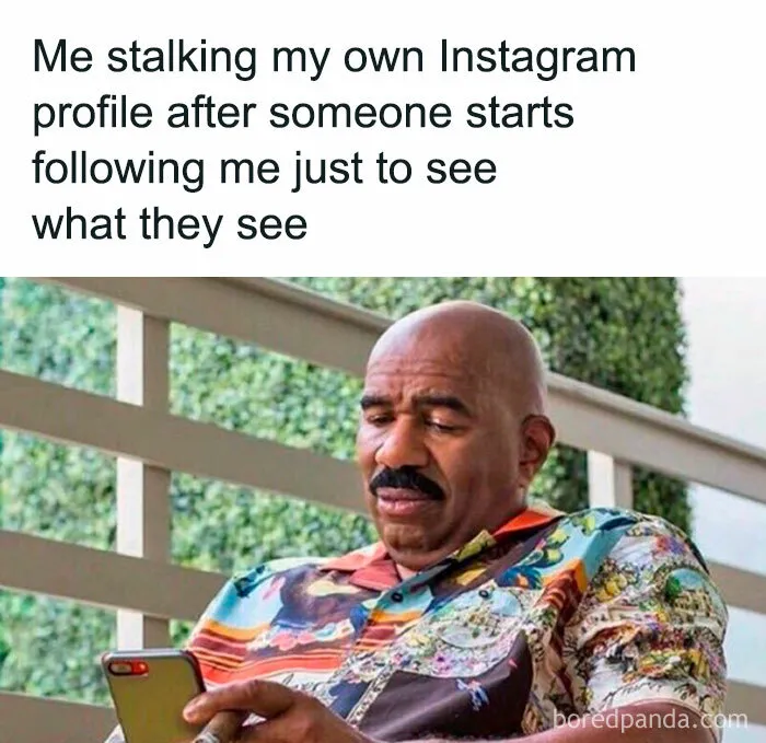 Man looking at his phone with a humorous expression, representing sarcastic meme content on Instagram.