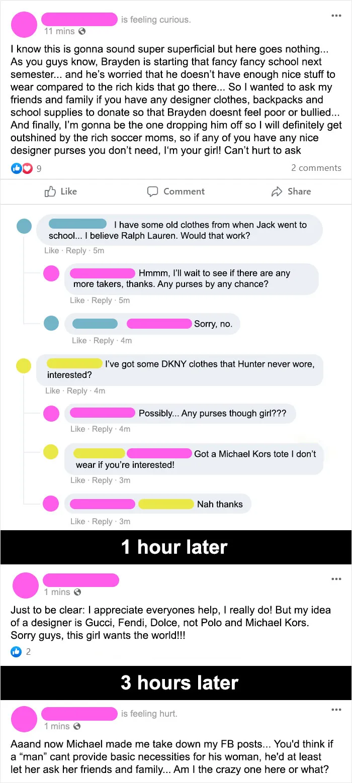 Fb Mom Wants To Feel Bougie To Show Up The Other Moms At Son's New School. Gets Generous Offers But "It's Not Gucci!"