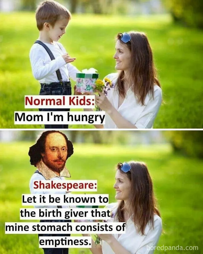 Mom and son in a park with a sarcastic meme comparing normal kids to Shakespearean language.
