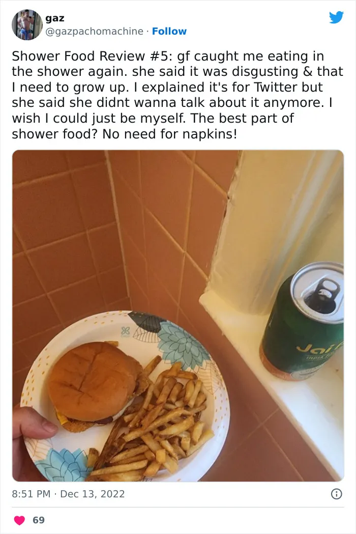 This Twitter Account Dedicates Its Postings To “Shower Food Reviews,” Here Are 31 Of The Best Ones