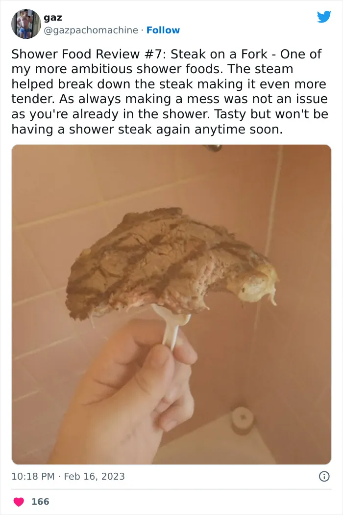 This Twitter Account Dedicates Its Postings To “Shower Food Reviews,” Here Are 31 Of The Best Ones
