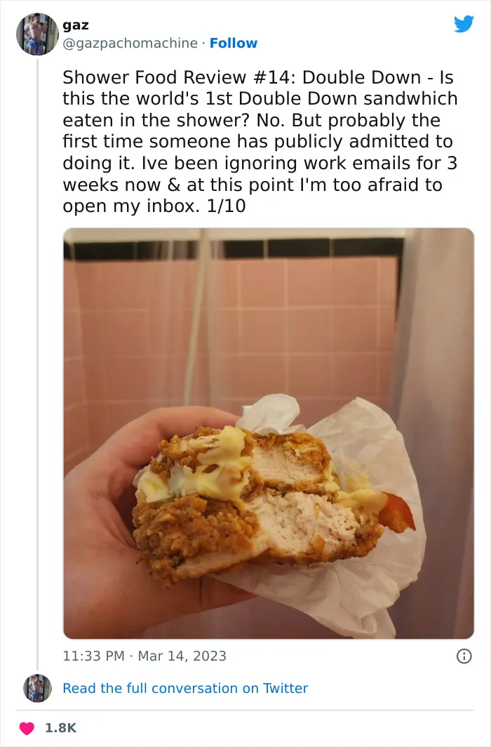 This Twitter Account Dedicates Its Postings To “Shower Food Reviews,” Here Are 31 Of The Best Ones