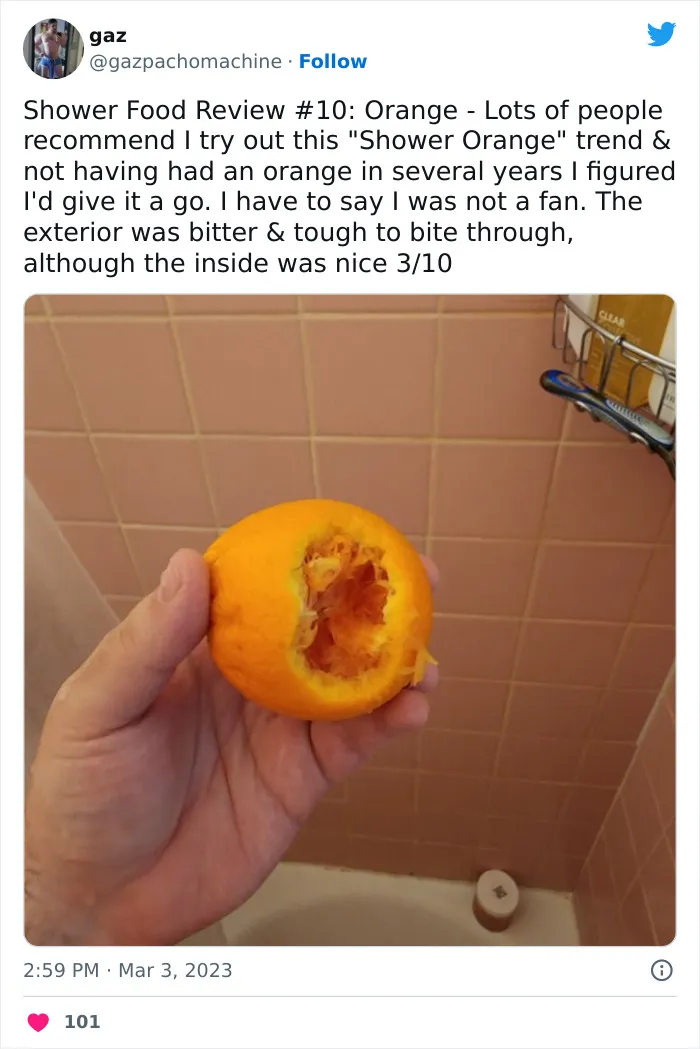 This Twitter Account Dedicates Its Postings To “Shower Food Reviews,” Here Are 31 Of The Best Ones