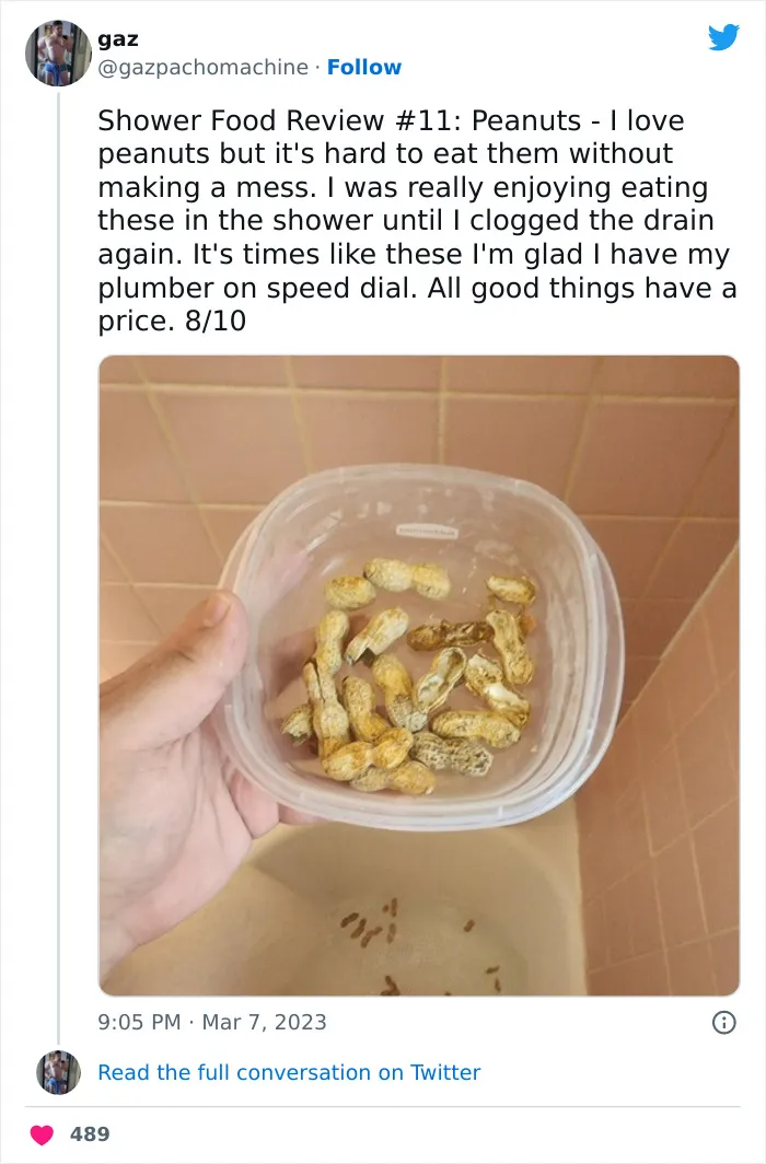 This Twitter Account Dedicates Its Postings To “Shower Food Reviews,” Here Are 31 Of The Best Ones