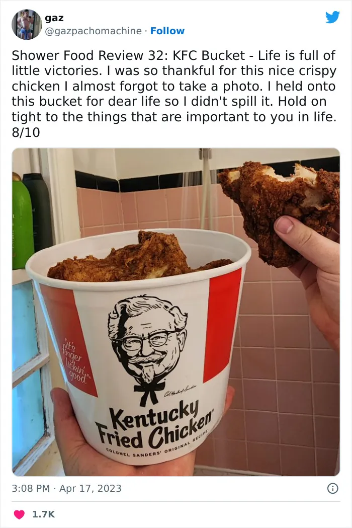 This Twitter Account Dedicates Its Postings To “Shower Food Reviews,” Here Are 31 Of The Best Ones