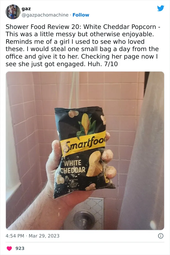 This Twitter Account Dedicates Its Postings To “Shower Food Reviews,” Here Are 31 Of The Best Ones