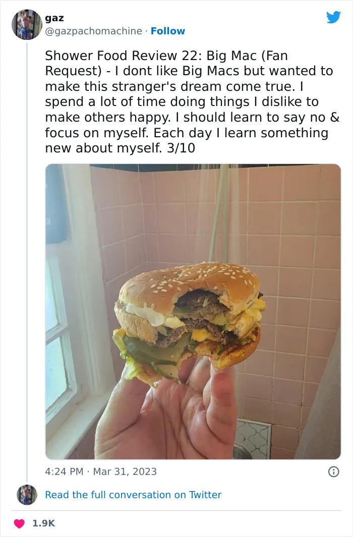 This Twitter Account Dedicates Its Postings To “Shower Food Reviews,” Here Are 31 Of The Best Ones