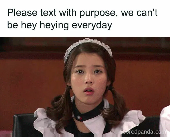 Sarcastic meme featuring a person dressed as a maid with text: "Please text with purpose, we can't be hey heying everyday."