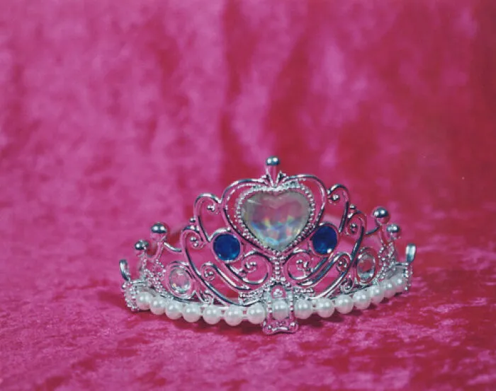 Silver tiara with heart and pearl details on pink velvet background, representing personal stories shared online.
