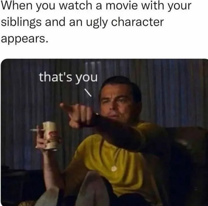 Man in yellow shirt pointing while holding a drink with spicy memes text about watching a movie with siblings.