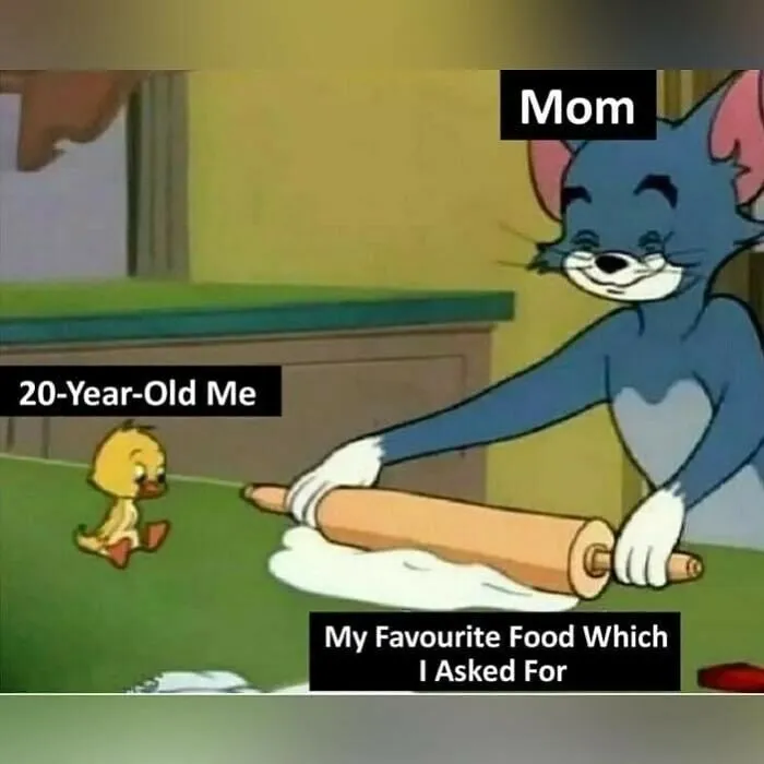 Sarcastic meme showing a cartoon scene of a mom rolling dough labeled as "favorite food" next to "20-year-old me."