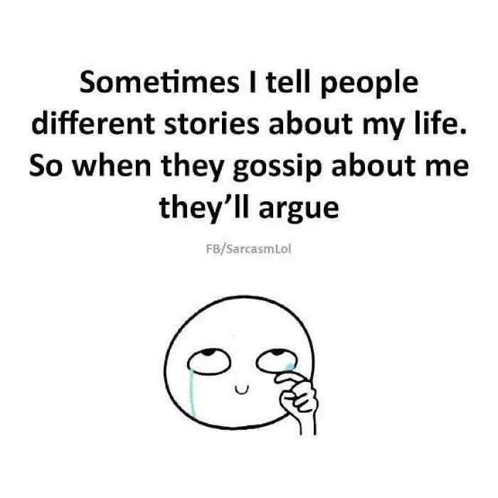 Sarcastic meme with a cartoon character shedding a tear, captioned about telling different life stories to cause arguments.