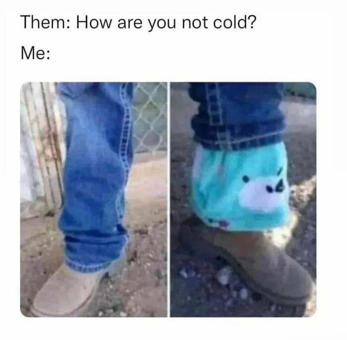 Jeans with a cute bear leg warmer over boots illustrating a spicy memes joke about staying warm and cozy.