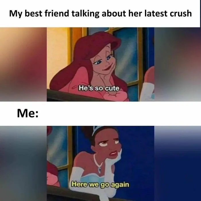Two-panel meme with sarcastic expressions, featuring characters reacting to a crush with humor.