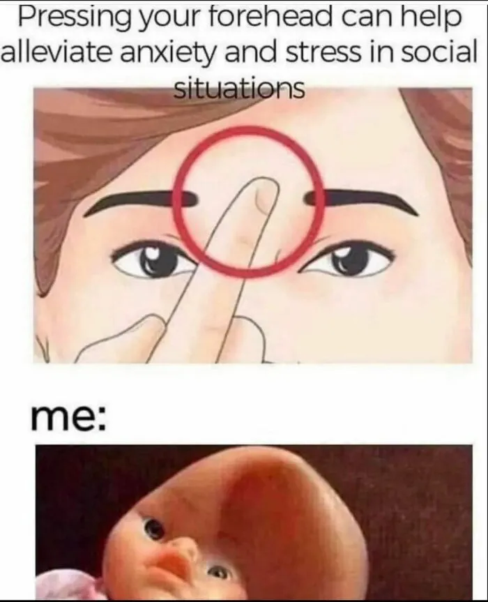 Illustration showing pressing forehead to relieve stress with a distorted doll face meme below, related to spicy memes.