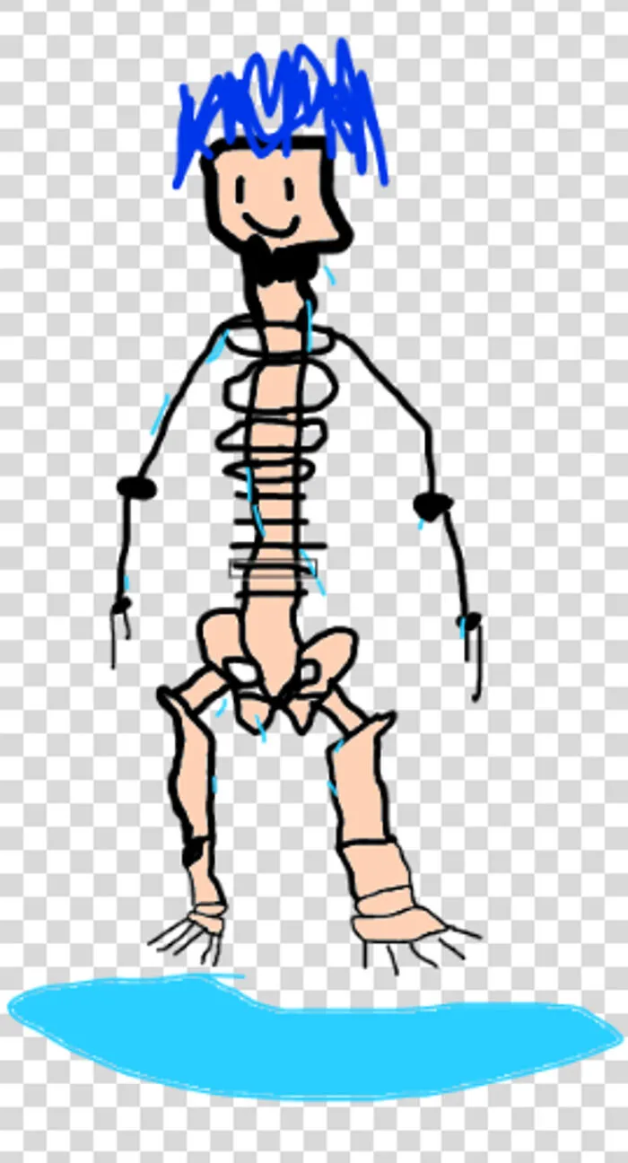 Here Is Randall  The Moist, Blue Haired, Raw Chicken Colored Skeleton