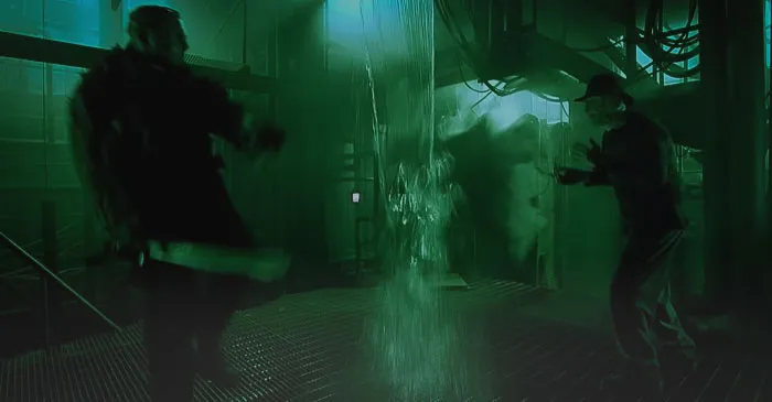 Jason and Freddy fighting in the green room 