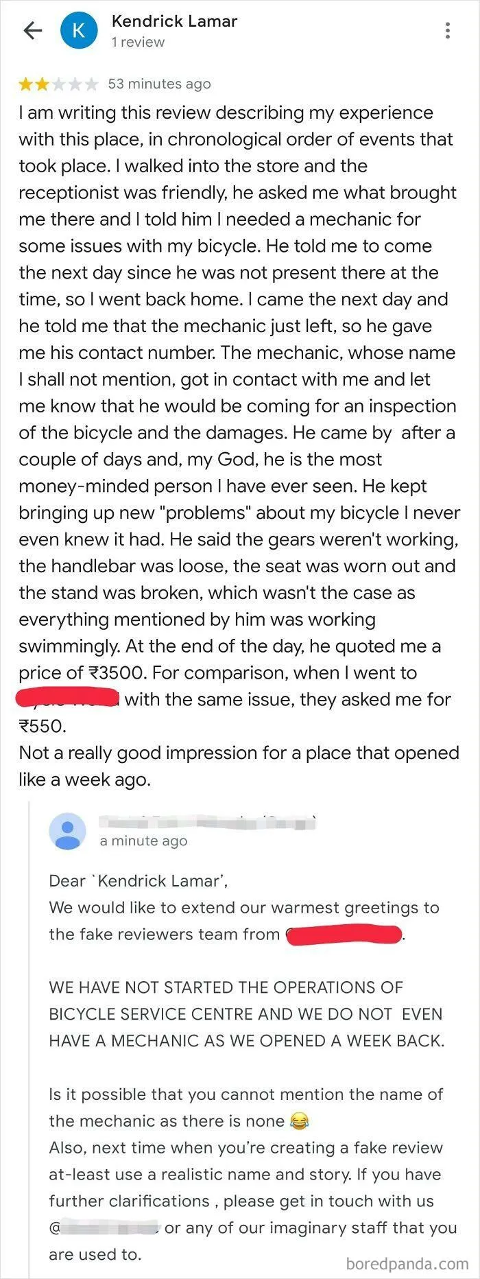 Fake Review By A Competitor For A Bicycle Store